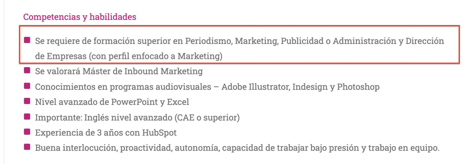 Descripción habilidades oferta de trabajo